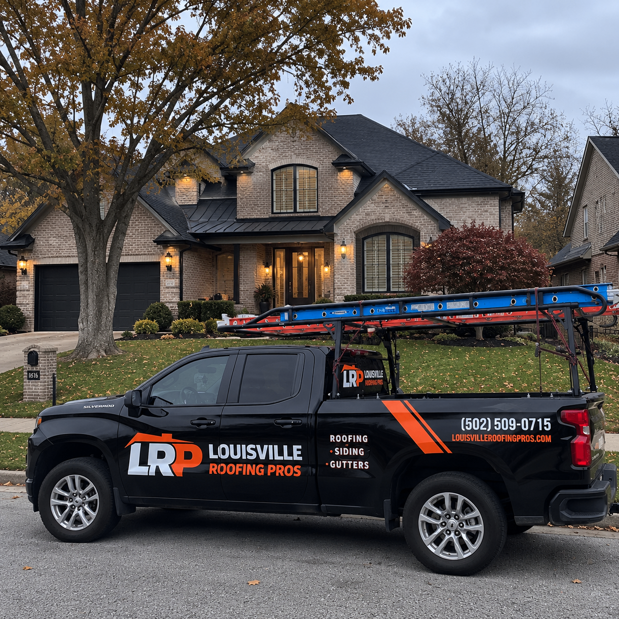 Louisville Roofing Pros branded service truck in front of a Louisville home